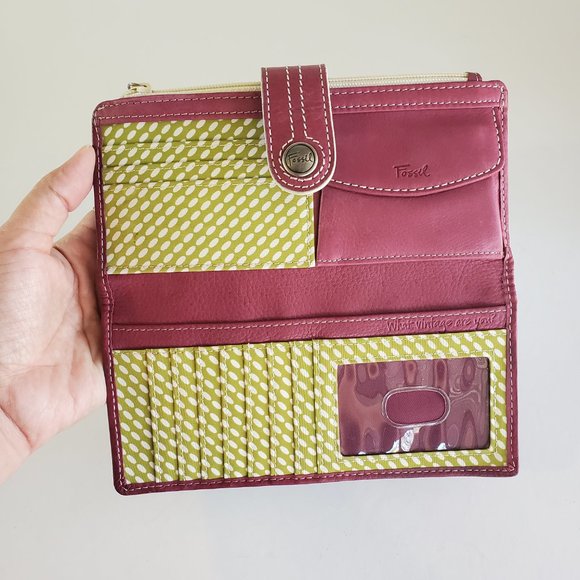 ❌️Vintage Fossil Whtie Floral Leather Snap Wallet Green Maroon Purple Y2K NWOT - Picture 3 of 10